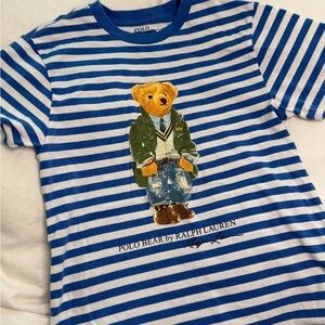 Polo by Ralph Lauren Blue & White Striped Polo Bear Short Sleeve Tee